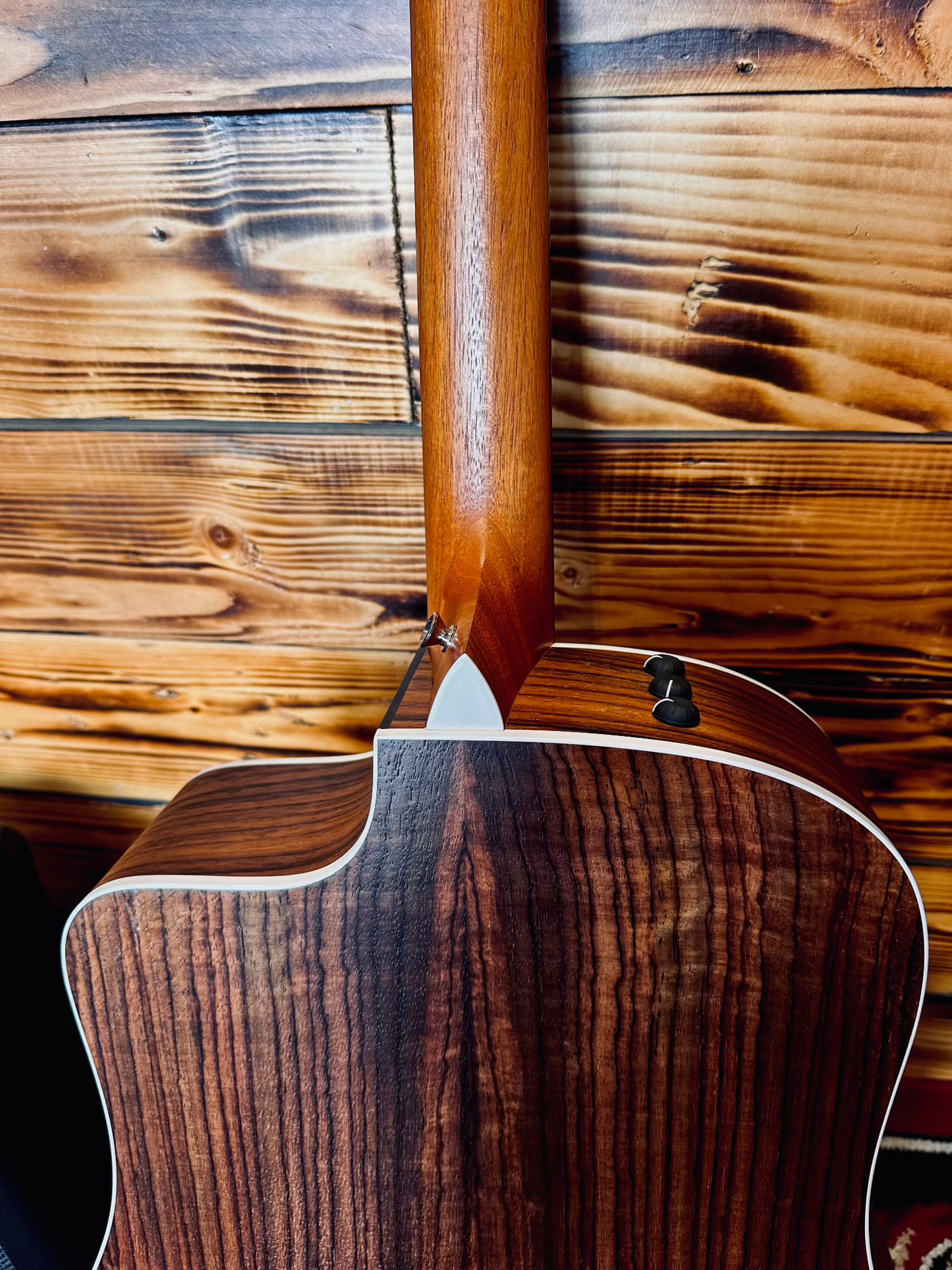 ack of the neck of a Taylor 210CE acoustic guitar, showing the smooth wood grain and neck joint.