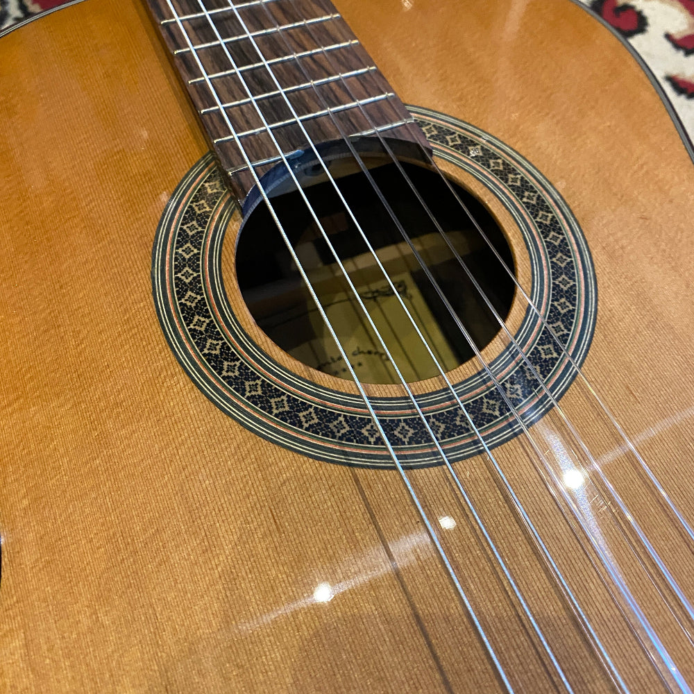 Close-up of an acoustic guitar's soundhole and strings