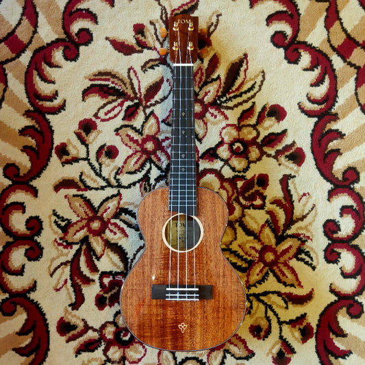 An electric ukulele with a solid acacia body and rosewood fingerboard, placed on a floral-patterned carpet.