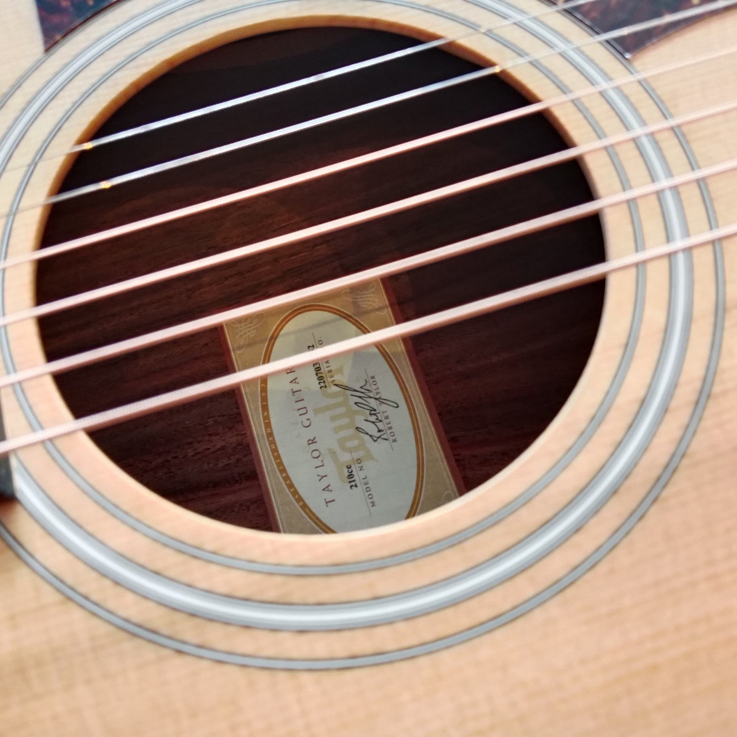 Brand tag and sound hole of a Taylor 210CE Dreadnought acoustic guitar, showing the Taylor label inside the body.