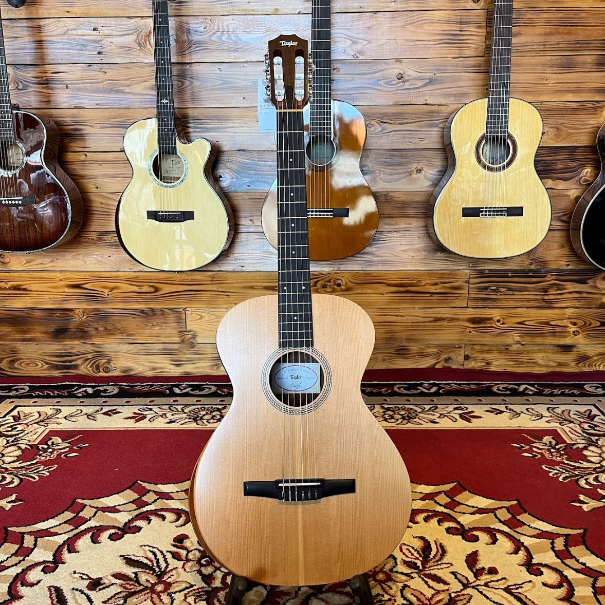 Taylor Academy 12e Nylon guitar positioned in the foreground with a collection of other guitars displayed in the background against a wooden backdrop.