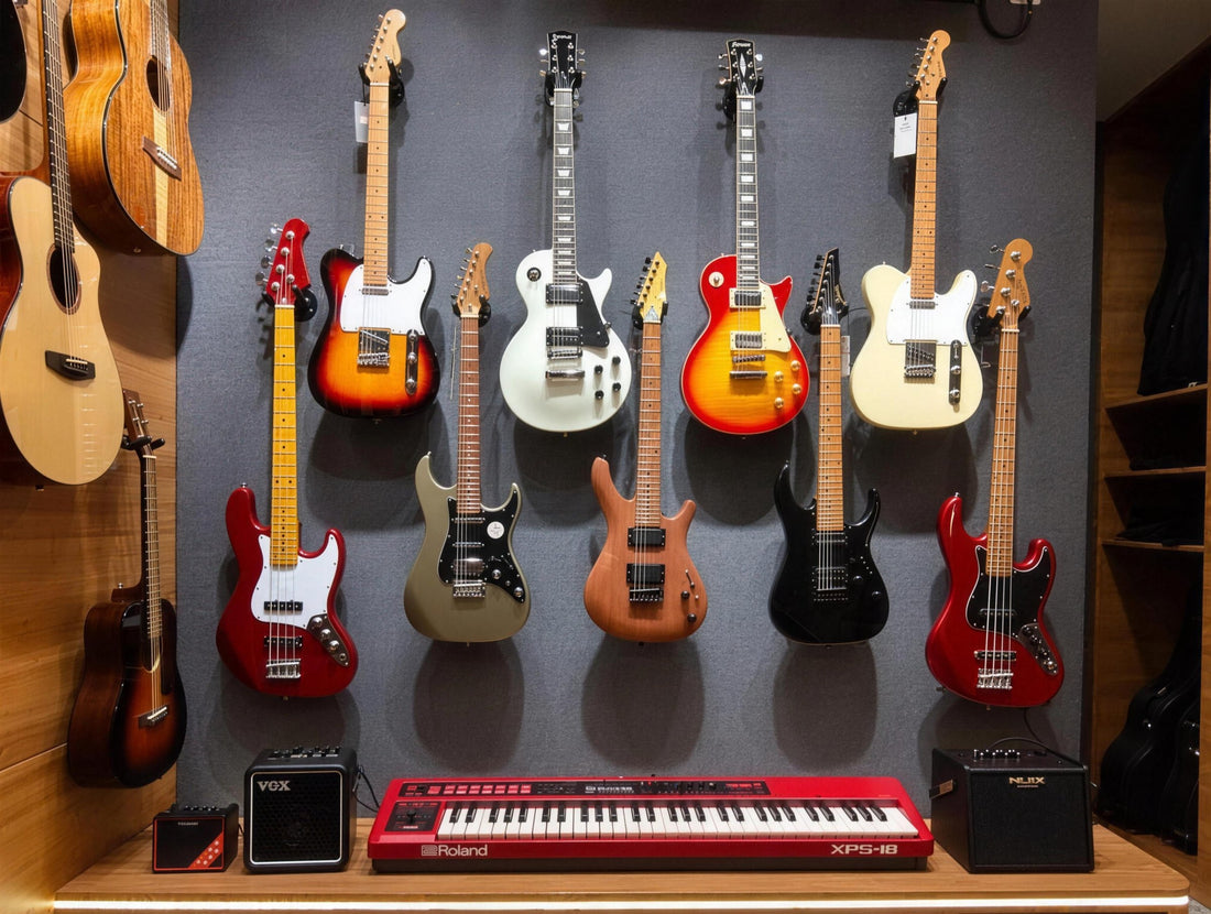 Electric guitars, basses and amps on the wall at Canggu Guitar