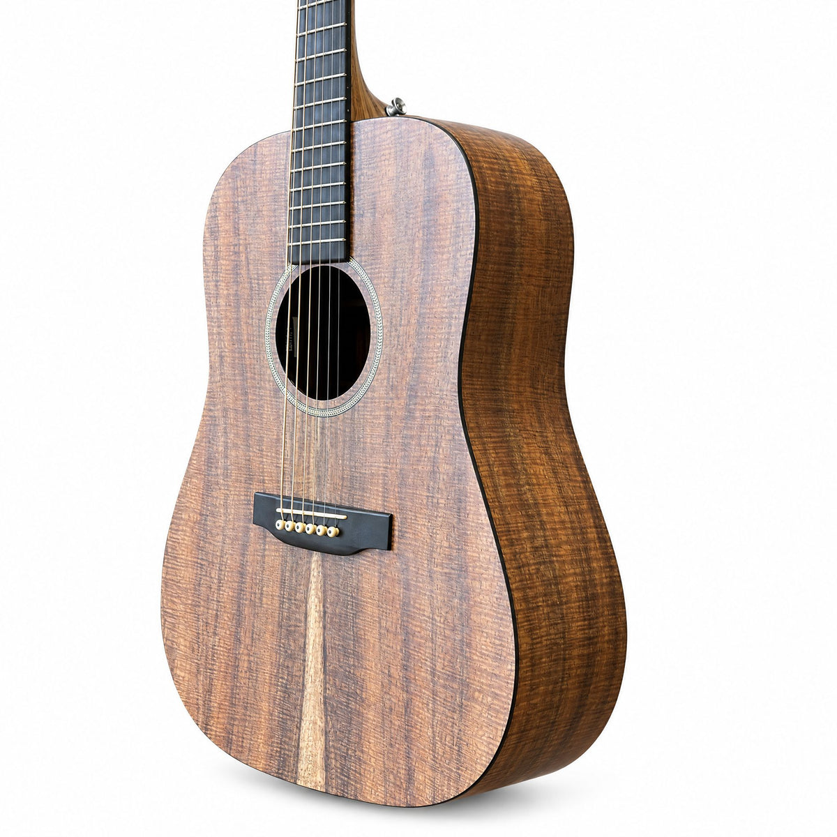Martin DX1E Koa Dreadnought Acoustic-Electric Guitar, angled view of the koa body, treble side