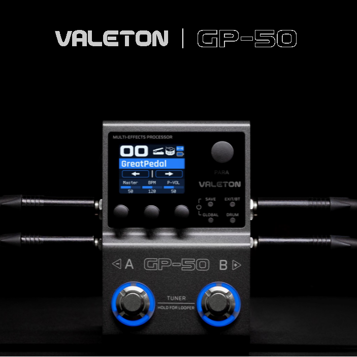 Valeton GP-50 multi-effects processor with digital display on a black background
